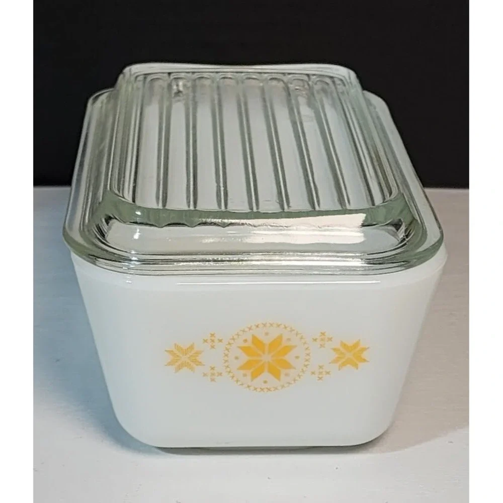 VTG Pyrex #502 TOWN & COUNTRY Refrigerator Dish & Glass‎ Lid Set DESIGN MISPRINT